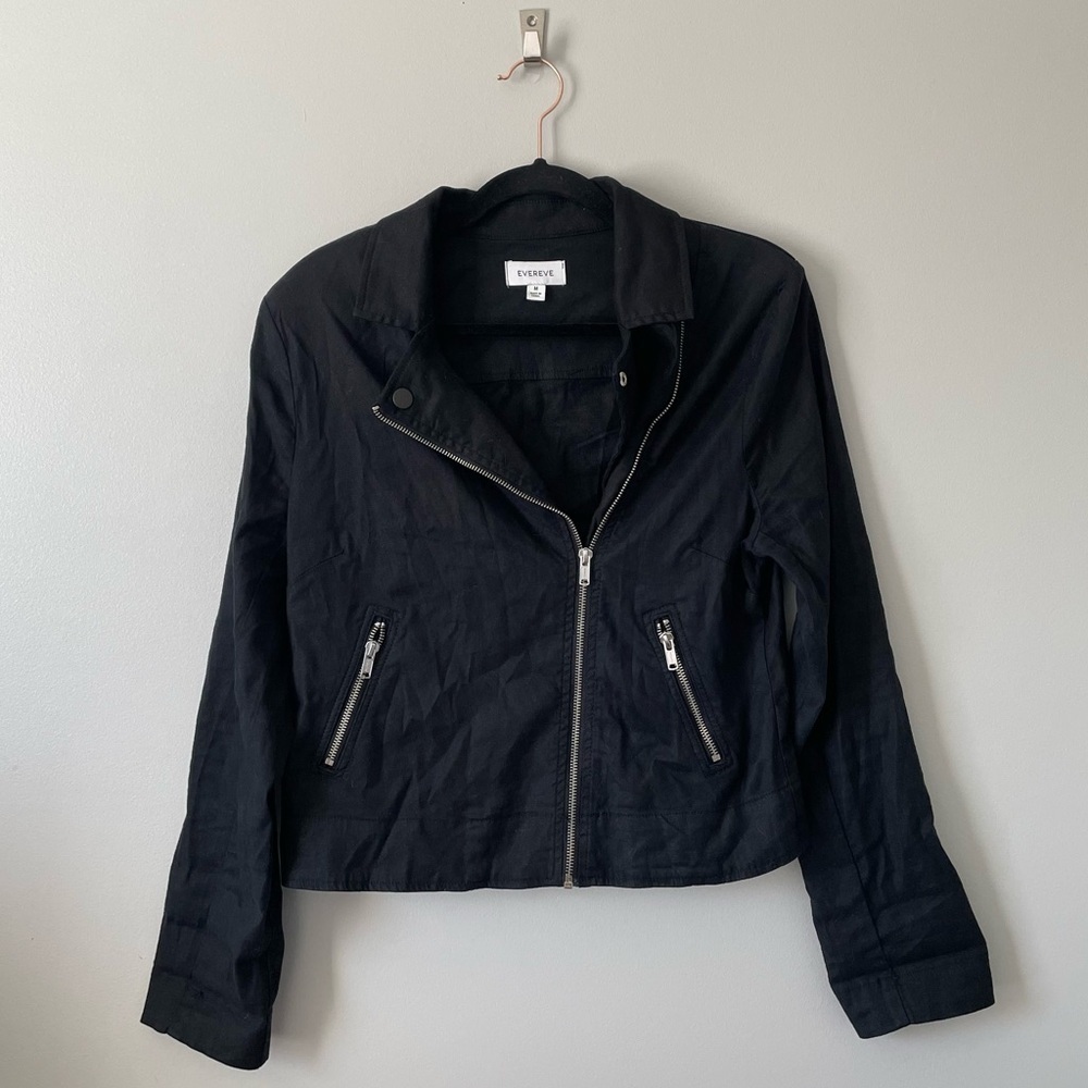 Evereve Jagger Moto Jacket in Black linen blend shoulder pads size M